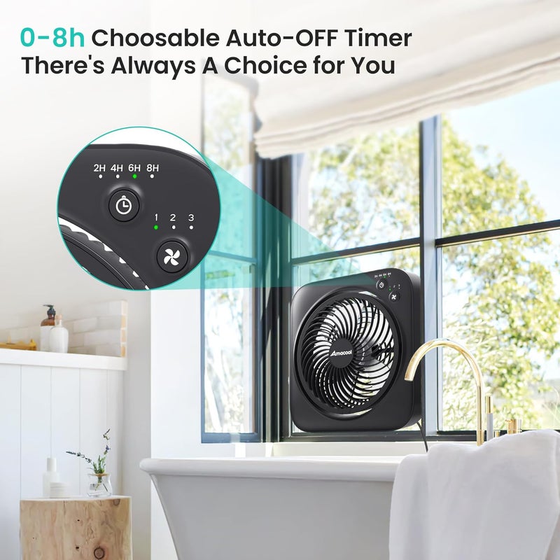 AMACOOL Table Fan, 12 inch Box Fan with 3 Adjustable Speeds & 8HRS Timer, 270° Pivoting Quiet Air Circulator, Desktop Fan for Bedroom Bathroom Kitchen Office, AC Adapter Included-Black - Image 4